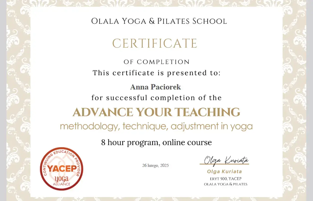 Kurs certyfikat korekty w jodze Advanced Yoga Teaching YACEP